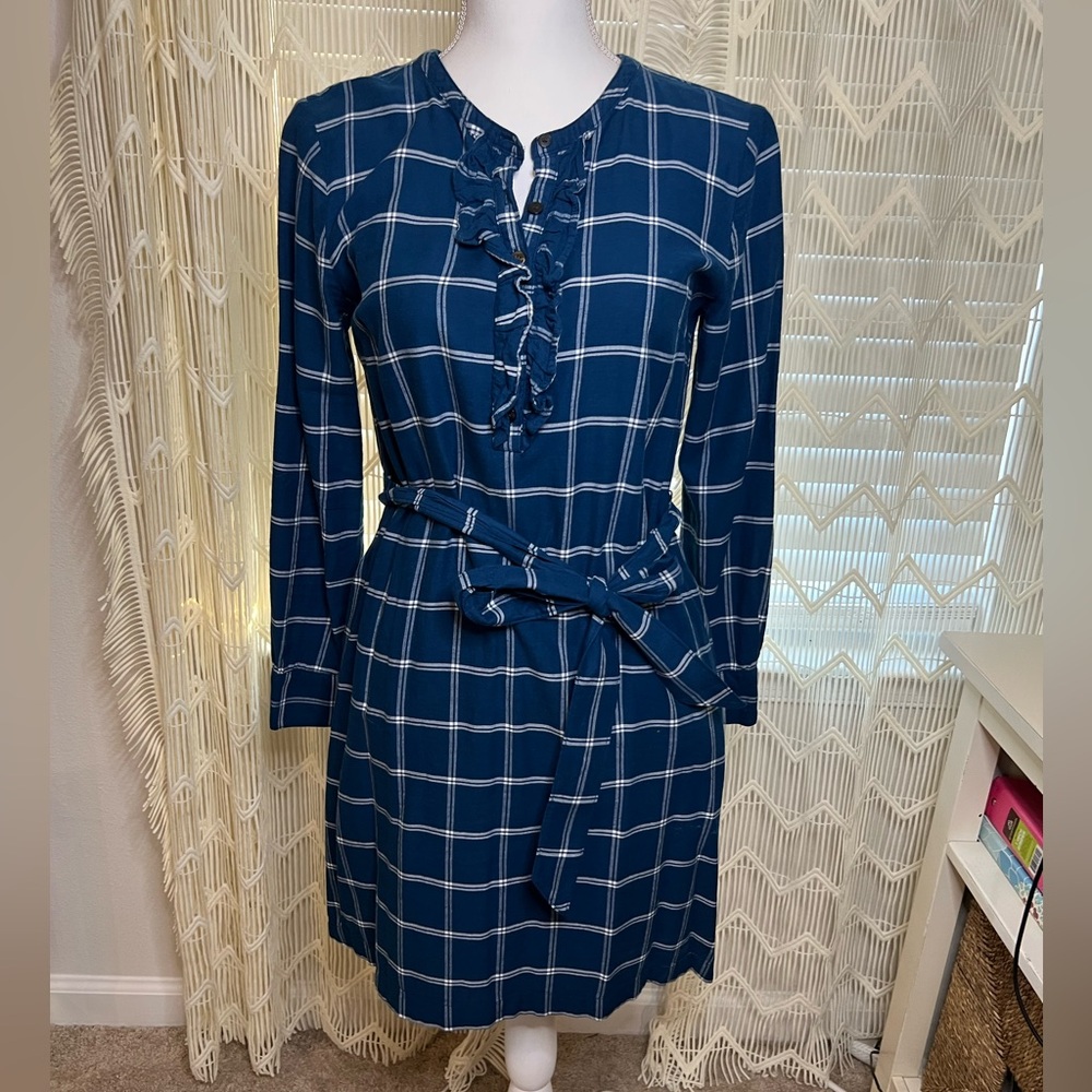 Draper James Plaid Flannel Cotton Shirt Dress Sash Ruffle Sz 6 Teal Blue White